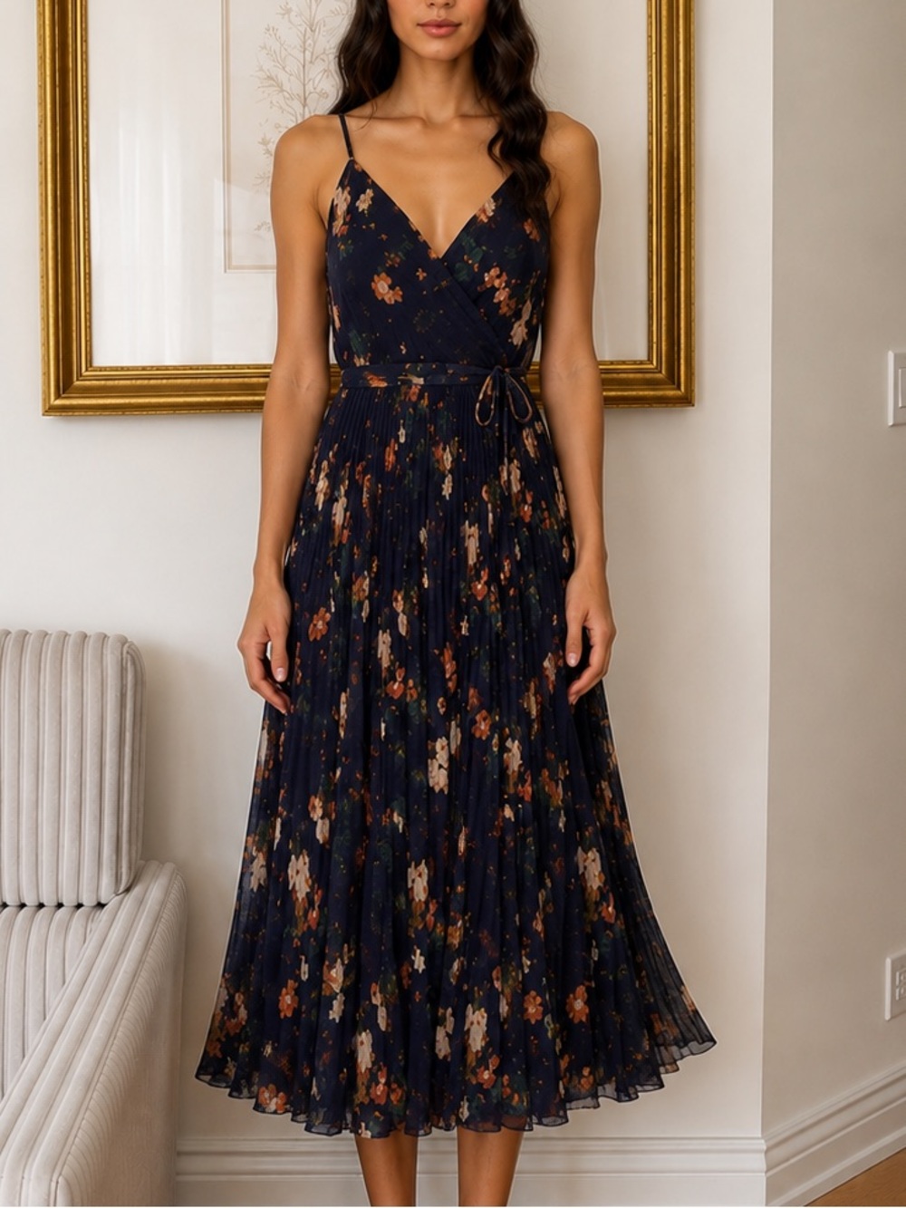 Wilfred Navy Floral Pleated Midi Dress